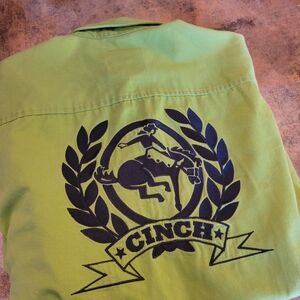 Mens Medium Cinch Lime Green Button Up Western Shirt with Navy Emblem - GUc